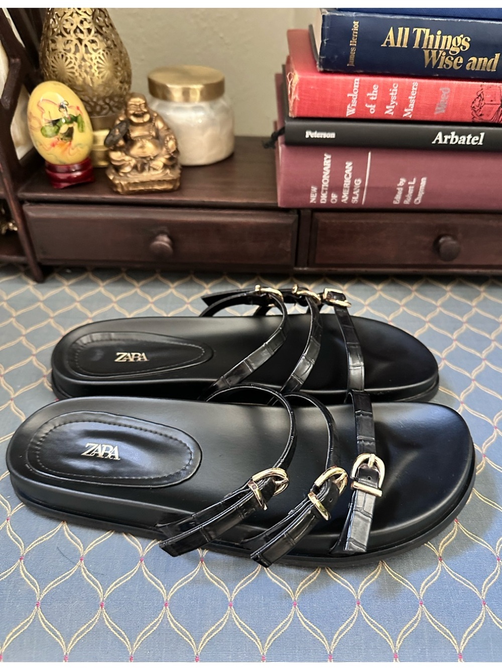 Zara Black Patent Triple-Strap Slides with Gold Buckle Detail - Picture 3 of 6